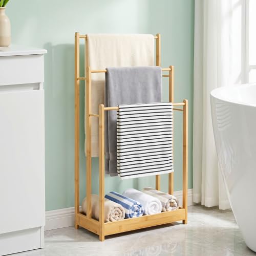 Giantex 3 Tier Free Standing Bamboo Towel Rack with Storage Shelf, Natural | Bath Towel Drying Stand, Blanket Holder for Living Room, Laundry, Bathroom, Poolside, 18" L x 9" W x 34" H - color: Natural