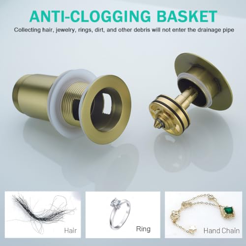 All Metal Bathroom Sink Drain,Pop-up Drain with Detachable Basket Stopper,Anti-Clogging Drain Strainer,Hair Catcher,for Vanity Vessel Sink with Overflow,Brushed Gold,SE83997PB-1BG - color: Brushed Gold(with Overflow)