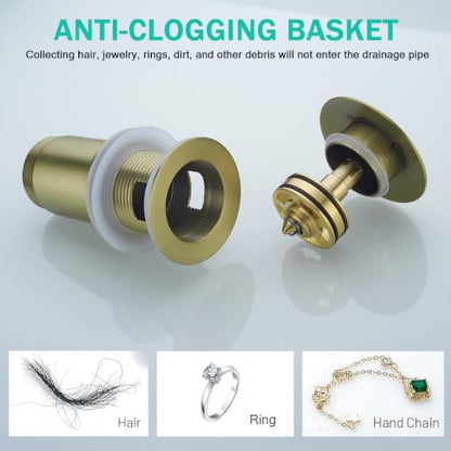 All Metal Bathroom Sink Drain,Pop-up Drain with Detachable Basket Stopper,Anti-Clogging Drain Strainer,Hair Catcher,for Vanity Vessel Sink with Overflow,Brushed Gold,SE83997PB-1BG - color: Brushed Gold(with Overflow)