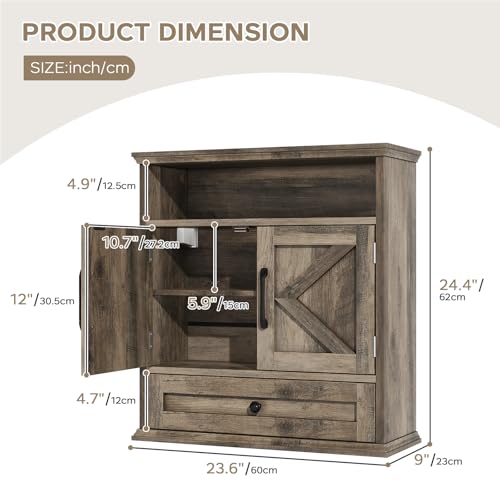 Bathroom Wall Cabinet, Wall Mounted Medicine Cabinet 24.4"H x 23.6"W x 9"D | With Drawer, Barn Doors & Adjustable Shelf, Grey Over Toilet Farmhouse Storage Cabinet for Kitchen, Laundry Room, Entryway - color: Grey