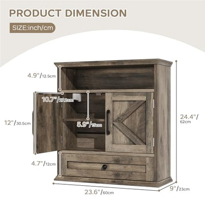 Bathroom Wall Cabinet, Wall Mounted Medicine Cabinet 24.4"H x 23.6"W x 9"D | With Drawer, Barn Doors & Adjustable Shelf, Grey Over Toilet Farmhouse Storage Cabinet for Kitchen, Laundry Room, Entryway - color: Grey