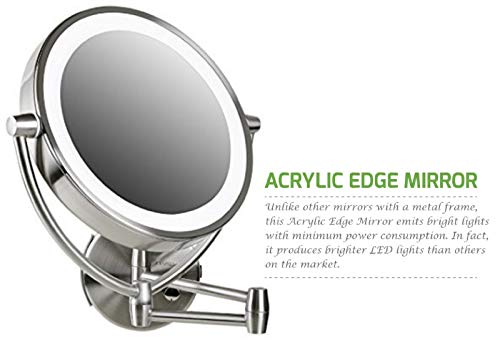 Ovente 9.5" Lighted Wall Mount Makeup Mirror, 1X & 10X Magnifier, Spinning Double Sided Round LED Dimmer Switch, Extend, Retractable & Folding Arm, Battery USB Powered Nickel Brushed MLW45BR1X10X - color: Nickel Brushed, size: 13.4"L x 3.4"W, style: 10X M