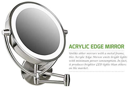 Ovente 9.5" Lighted Wall Mount Makeup Mirror, 1X & 10X Magnifier, Spinning Double Sided Round LED Dimmer Switch, Extend, Retractable & Folding Arm, Battery USB Powered Nickel Brushed MLW45BR1X10X - color: Nickel Brushed, size: 13.4"L x 3.4"W, style: 10X M