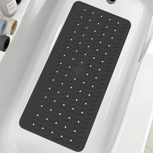 Non Slip Bathtub Mat & Shower Mat, 31x15'' Anti Slip Bath Mat for Tub, Soft TPE Anti-Skid Bathroom Mat with 194 Suction Cups & Drain Holes, Wave-Textured Grip, Machine Washable, Black - color: Black