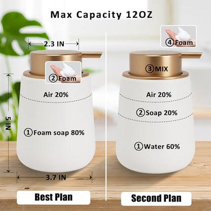 Soap Foaming Dispenser Ceramic with Easy-to-Press Pump Hand Foam Dispenser for Shampoo Bathroom Kitchen 12 oz 2pcs - color: Foam-goldwhite