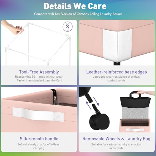 Caroeas Next-Gen 105L Matel Frame Laundry Basket with wheels, Heavy Duty Tall Rolling Laundry Hamper with Removable Wash Bag, Collapsible Freestanding Clothes Hamper For Laundry Room (105L,Pink,2Pack) - color: Pink - 2 Pack