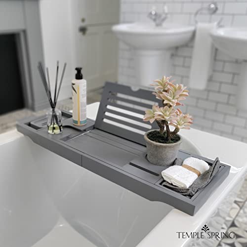 Bamboo Bathtub Tray Caddy for Tub — Expandable Wood Bath Tray with Solid Book Stand Wine Holder and Non-Slip Pads — Includes Bamboo Soap Dish and Spa Accessories — Luxury Bath Gift Set - color: Gray