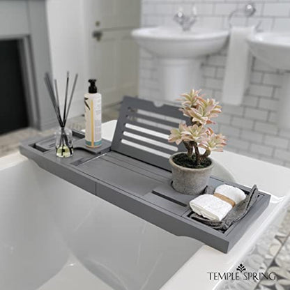 Bamboo Bathtub Tray Caddy for Tub — Expandable Wood Bath Tray with Solid Book Stand Wine Holder and Non-Slip Pads — Includes Bamboo Soap Dish and Spa Accessories — Luxury Bath Gift Set - color: Gray