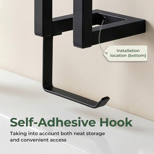SpaceTime Toilet Paper Holder with Hook for 5 Rolls,Wall Mounted Toilet Paper Storage Holder,Modern Matte Black Carbon Steel Tissue Roll Holder with Reserve Rack for Bathroom,Kitchen & Washroom