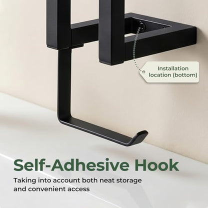 SpaceTime Toilet Paper Holder with Hook for 5 Rolls,Wall Mounted Toilet Paper Storage Holder,Modern Matte Black Carbon Steel Tissue Roll Holder with Reserve Rack for Bathroom,Kitchen & Washroom