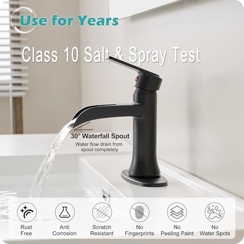 Matte Black Waterfall Bathroom Faucets, 1 Hole or 3 Hole (4 Inch) Bathroom Sink Faucet with Drain, Deck Plate, 1 Handle for Vanity, Restroom, RV, Modern, Brass Material - color: Matte Black