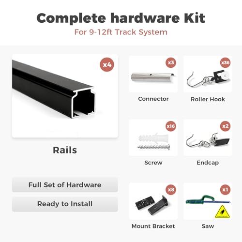 ChadMade Aluminum Ceiling Curtain Track Set with Hooks, 9ft - 12ft Adjustable Length Ceiling/Wall Mount Curtain Rail System For Grommet/Pleated Drape, RV Ceiling Track, Black - color: Black, size: 9ft-12ft