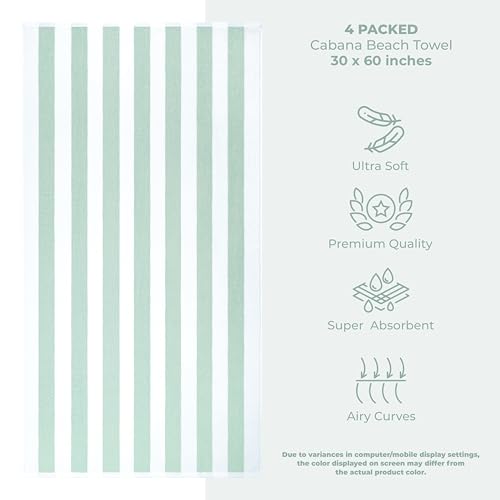 American Soft Linen Cabana Striped Beach Towels, 30x60 inch 4 Piece Oversize Pool Towels, Quick Drying Sand Free Swim Towels, Mint Green - color: Mint