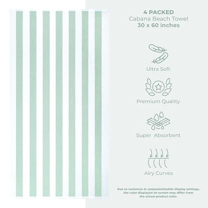 American Soft Linen Cabana Striped Beach Towels, 30x60 inch 4 Piece Oversize Pool Towels, Quick Drying Sand Free Swim Towels, Mint Green - color: Mint