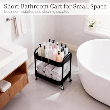2 Tier Metal Rolling Utility Cart with Wheels Under Desk Storage Cart with Handle, Roll Around Organizer Trolley for Small Space Pantry Bathroom Home Kitchen Office Snack Baby Supplies, Black - color: Black