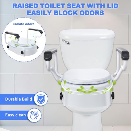 5'' Round Raised Toilet Seat with Handles, Adjustable Height | 3 Adjustable Heights (1.9/3.4/5'')|Fits Standard Round Toilets|with Lid|300lbs|Flip-up Armrests|for Seniors Post-surgery