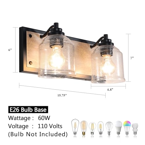 16" 2-Light Farmhouse Bathroom Vanity Light with Bubble Glass, Gray | Farmhouse Rustic style, Metal base with hand-painted wood grain, E26 Ceramic Base(no bulb), UL&ETL, mount up/down,over mirror - color: Gray, size: 2-Light