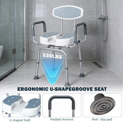U Shaped Swivel Shower Chair with Arms & Back Support | 360° Rotating Bath Seat, Adjustable Width & Height, For Elderly Disabled Adults, 330 LBS Weight Capacity