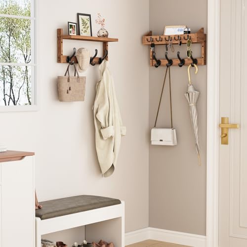 Evermagin 35" Coat Rack Wall Mount with Shelf & 13 Hooks, Entryway, Brown | Wooden Wall Mounted Coat and Key Rack with Hooks, Key Hanger with Mail Holder for Living Room, Mudroom, Bedroom - color: Brown, size: 35 inch