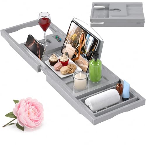 Artmeer Foldable Bamboo Bathtub Caddy Tray Expandable Bath Table for Tub with Cup Holder Book Stand and Bathroom Organizer, Gray