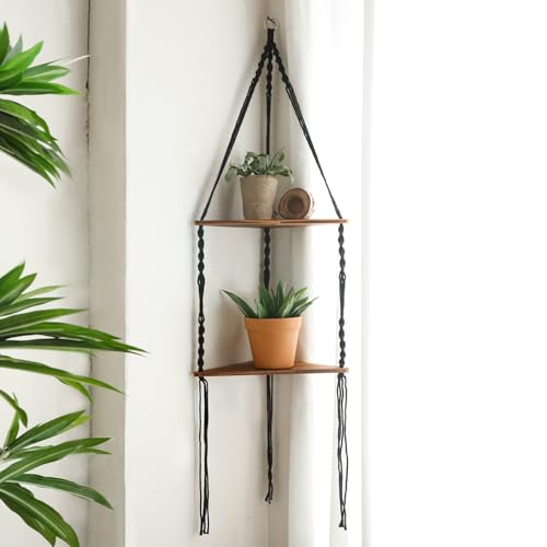Artilady Corner Shelf Macrame Wall Hanging Balck, Boho Wood Storage Decor | 2 Tier Adjust Plant Floating Shelves, Farmhouse Rustic Crystal Candle Holder for Small Space, Bedroom Living Room Wall Decor - color: Black Shelf - 2 Tier