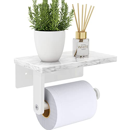 Gypie Toilet Paper Holder with Marble Shelf, Wall Mounted White | Stainless Steel, Tissue Roll Paper Holder Dispenser for Bathroom Washroom - color: White