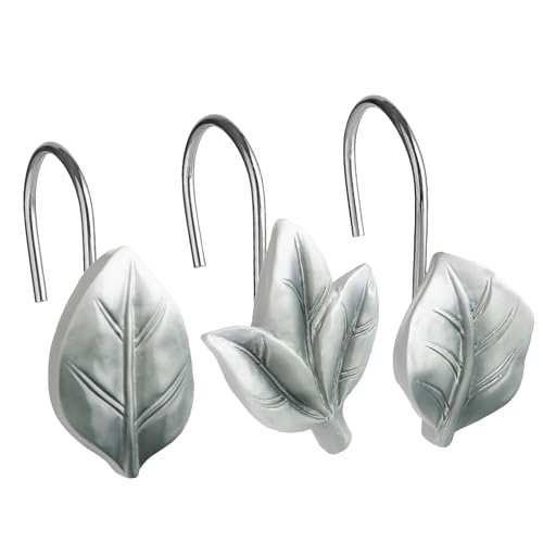 Grey Plant Leaf Shower Curtain Hooks,Eucalyptus Bathroom Decor,12PCS | Cute Decorative Leaves Shower Curtain Rings,Metal Rustproof,Easy Installation,Smooth sliding - color: Grey