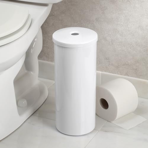 iDesign Freestanding Toilet Paper Canister with Lid, White | For 3 Extra Rolls, Made in USA - color: White, size: Pack of 1, style: Lid With Hole