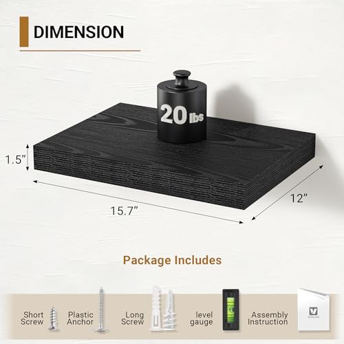 Vivelove Black Floating Shelves 12 Inch Deep, 16 X 12 Inch, Set of 2 | Invisible Brackets, Easy Mount Shelf with Hardware Kit, for Bathroom Bedroom Living Room Kitchen, Engineered Wood - color: Black, size: 16”wx12”dx1.5”h
