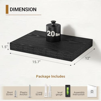 Vivelove Black Floating Shelves 12 Inch Deep, 16 X 12 Inch, Set of 2 | Invisible Brackets, Easy Mount Shelf with Hardware Kit, for Bathroom Bedroom Living Room Kitchen, Engineered Wood - color: Black, size: 16”wx12”dx1.5”h