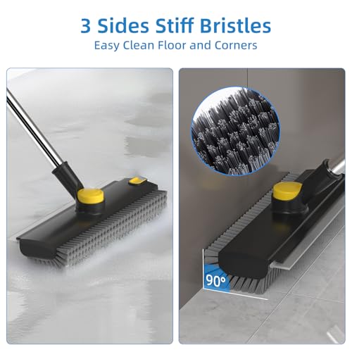 Floor Scrub Brush with Long Handle, 3 in 1 Scrape and Heavy-Duty Stiff Bristle Floor Scrubber Brush Broom with Squeegee and Tweezer for Cleaning Black - color: Black