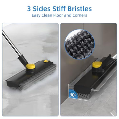 Floor Scrub Brush with Long Handle, 3 in 1 Scrape and Heavy-Duty Stiff Bristle Floor Scrubber Brush Broom with Squeegee and Tweezer for Cleaning Black - color: Black