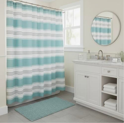 Nautical Striped Fabric Shower Curtain, Coastal Wide Stripe Design, Aqua Grey White, 70" x 72", with Hooks - color: Hampton Blue