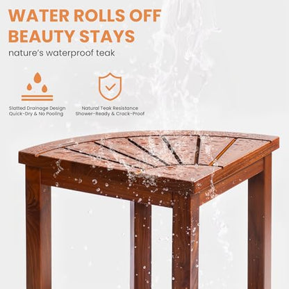 Axeman Space-Saving Teak Shower Stool with Storage Shelf - 12" Corner Shower Bench for Small Spaces - Waterproof 2-Tier Design for Shaving, Bathing & More (350lb Capacity)