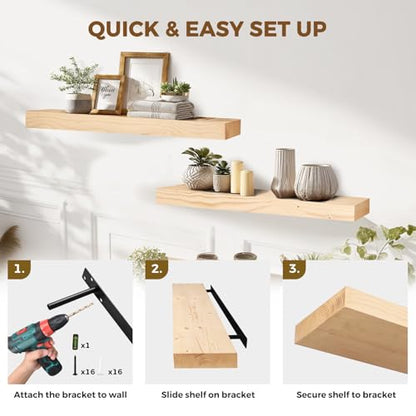 Solid Wood Floating Shelves, 36 Inch Wall Shelves, Set of 2, Wood | 8 Inch Deep, 1.6 Inch Thick, Extra-Wide Display Space, Mounting Hardware Included, For Kitchen, Bathroom and Living Room - color: Wood, size: 36x8x1.6