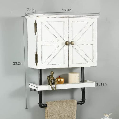 23.1x16.9'' Bathroom Wall Cabinet with Adjustable wall Shelf and Towel Bar Double Doors Medicine Cabinet Wall Mounted with Hanging Bar, Rustic Wood Storage Kitchen (Rustic White) - color: Rustic White