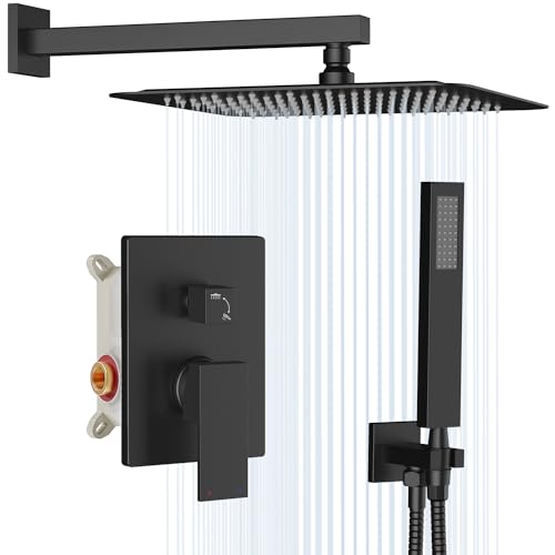 Gabrylly Rain Shower Head with Handheld Spray Combo, 10", Matte Black | All Metal Shower System, High Pressure Rainfall Shower Faucet Set, Solid Brass Shower Valve Complete Shower Set for Bathroom - color: Matte Black, size: 10 Inch