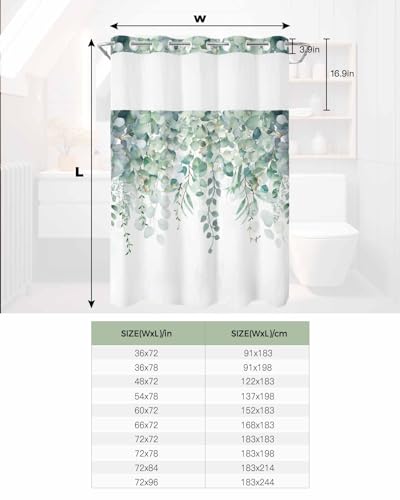 No Hook Shower Curtain and Snap in Liner Set, Green Eucalyptus Fabric Bathroom Stall Shower Curtains 48x72, See Through Mesh Top Window, Spring Summer Botanical Floral Leaves Country Hotel Style - color: Green, size: 48"W x 72"L (Pack of 1)