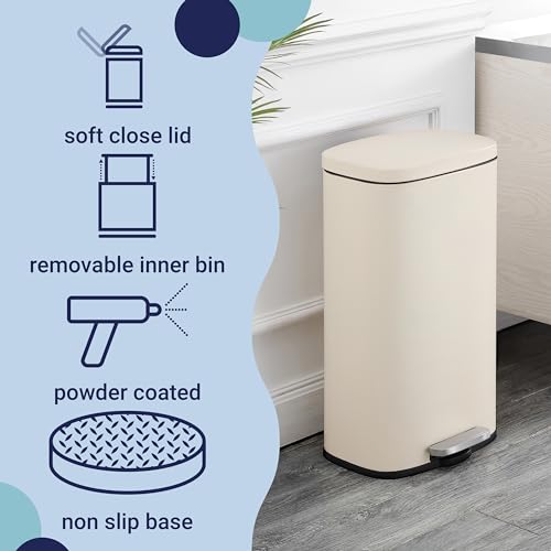 happimess Curtis 8 Gal Step Trash Can Soft Close 25", Limestone Beige | Iron Construction, Satin Finish, Removable Liner, Steel Pedal, 20 Trash Bags Included, Kitchen Office Bin - color: Limestone Beige