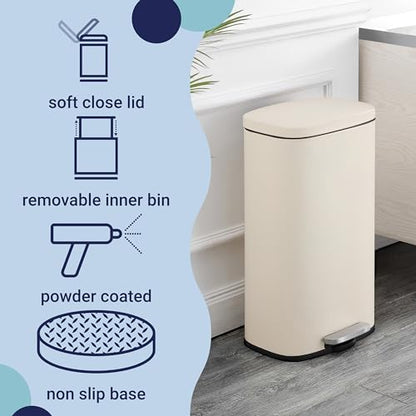 happimess Curtis 8 Gal Step Trash Can Soft Close 25", Limestone Beige | Iron Construction, Satin Finish, Removable Liner, Steel Pedal, 20 Trash Bags Included, Kitchen Office Bin - color: Limestone Beige