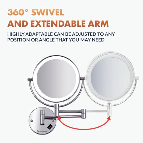 Newhouse Chrome LED Hardwired Magnifying Mirror NHMM-001-H, Lighted Makeup Mirror with Magnification, Round Arm-Mounted Mirror with Halo Light