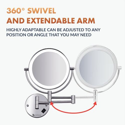 Newhouse Chrome LED Hardwired Magnifying Mirror NHMM-001-H, Lighted Makeup Mirror with Magnification, Round Arm-Mounted Mirror with Halo Light