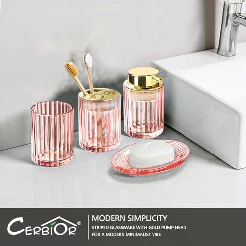 CERBIOR Bathroom Accessories Set, 4 PCS Glass Bathroom Set,Golden Pink | Includes Soap Dispenser, Toothbrush Holder, Toothbrush Cup, Soap Dish for Decorative Countertop and Housewarming Gift - style: Grey Pink