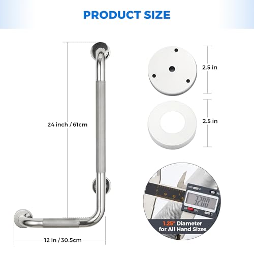 L-Shaped Grab Bars for Shower, 1 Pack, 24 x 12 Inch Stainless Steel, Left | Grab Bars for Bathroom; Diamond-Knurled Anti-Slip Grip; Wall-Mounted Safety Rail for Seniors; Mounting Hardware Included - size: Left