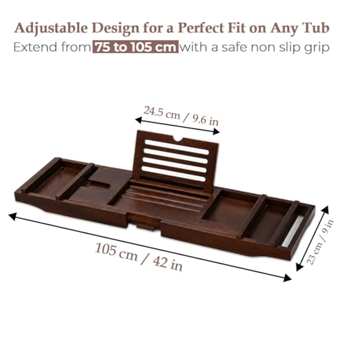 Expandable Teak Wood Bathtub Tray Caddy with Wine Glass Holder – Adjustable Luxury Wooden Bath Tub Tray Table for Spa, Book, Tablet & Bathroom Accessories