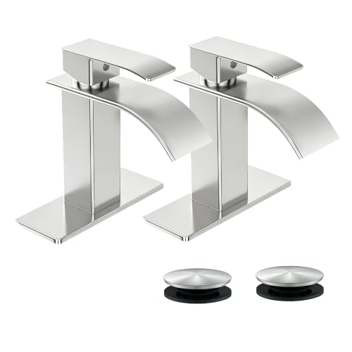Waterfall Single Handle Bathroom Faucet with Drain Brushed Nickel | Brushed Nickel Vanity Faucet with Pop-up Drain, Ceramic Valve, for 1 or 3 Hole Modern Bathrooms. - color: Brushed Nickel x 2
