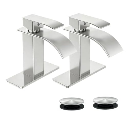 Waterfall Single Handle Bathroom Sink Faucet Brushed Nickel | Vanity Faucet with Pop-up Drain, llaves para lavamanos de baño, Ceramic Valve, for 1 or 3 Hole Modern Bathrooms. - color: Brushed Nickel x 2