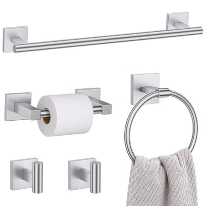 Lairuier Brushed Nickel Bathroom Accessories, Towel Bar Set Wall Mounted | 5 Pieces Bathroom Hardware Set, SUS304 Stainless Steel Double Base 23.6" Towel Bar, Towel Ring, Toilet Paper Holder & Hooks - color: Brushed Nickel, size: 5 Pieces - Double Base