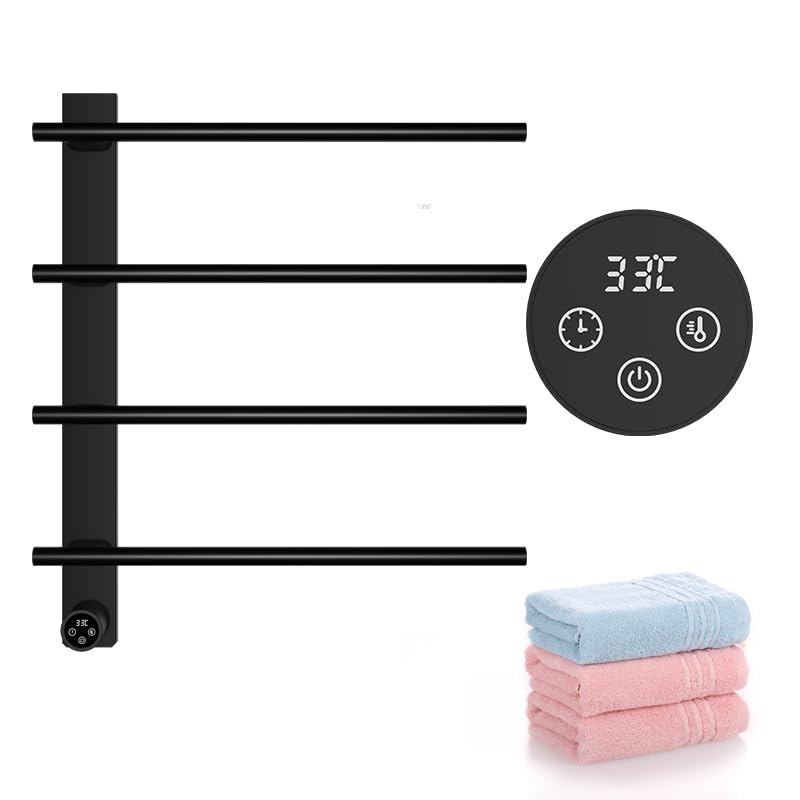 VJASS Electric Heated Towel Warmer with Timer, Wall Mounted Stainless Steel Towel Rack, 4-Bar Fast Heating Towel Drying Rack for Bathroom, Hardwired/Plug-in Options (Matte Black) - color: Matte Black