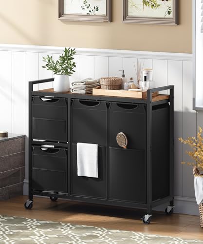 HOOBRO Laundry Sorter with 4 Section, 34 Gal. (127 L) Laundry Hamper with Wheels, Rolling Laundry Basket with Shelf, Pull-Out Detachable Bags, Side Pockets, Rustic Brown and Black BF14XY01N1 - color: Rustic Brown + Black